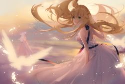 Rule 34 | 2girls, :d, aurora (azur lane), aurora (dawn&#039;s paean) (azur lane), azur lane, bad id, bad pixiv id, banned artist, bare shoulders, bird, blonde hair, blurry, blurry background, blush, breasts, cloud, cloudy sky, commentary, depth of field, dress, feathers, floating hair, green eyes, hair between eyes, hair flaps, hair ornament, hat, highres, illustrious (azur lane), large breasts, light particles, long hair, looking at viewer, medium breasts, miyuki (miyuki0529), multiple girls, open mouth, outdoors, sky, sleeveless, sleeveless dress, smile, sun hat, very long hair, white dress, white hair, white headwear, wind, wind lift