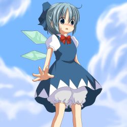 Rule 34 | 1girl, alternate hairstyle, bad id, bad pixiv id, bloomers, cirno, dress, embodiment of scarlet devil, female focus, gradient background, mikan imo, outdoors, ponytail, ribbon, sky, solo, touhou, underwear, white bloomers, wings