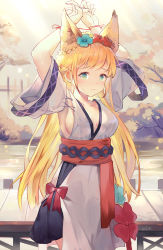 Rule 34 | 1girl, animal ears, armpits, arms up, black skirt, blonde hair, blue flower, blush, bound, bound wrists, bow, breasts, closed mouth, collarbone, commentary request, flower, green eyes, highres, leilin, long hair, looking at viewer, medium breasts, obi, original, pleated skirt, red bow, red flower, sash, short sleeves, sideboob, skirt, solo, string, string of fate, sweat, very long hair, wide sleeves