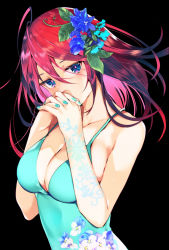 Rule 34 | 1girl, arm tattoo, bare arms, bare shoulders, black background, blue dress, blue eyes, blue flower, breasts, cleavage, collarbone, commentary request, covered mouth, dress, floral print, flower, hair between eyes, hair flower, hair ornament, hands up, head tilt, highres, long hair, medium breasts, nail polish, original, own hands clasped, own hands together, print dress, red hair, sleeveless, sleeveless dress, solo, tattoo, tetsubuta, upper body