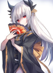 Rule 34 | 1girl, fate/grand order, fate (series), hand fan, head tilt, holding, horns, japanese clothes, kimono, kiyohime (fate), kiyohime (third ascension) (fate), long hair, looking at viewer, obi, paper fan, red eyes, sash, silver hair, solo, tare nu (usesase), uchiwa, upper body, wide sleeves, yukata