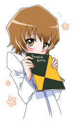 Rule 34 | 10s, 1girl, blush, brown eyes, brown hair, covering own mouth, english text, heartcatch precure!, myoudouin itsuki, precure, ryun, school uniform, short hair, shy, simple background, sketchbook, white background