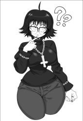 Rule 34 | 1girl, ?, ahoge, breasts, contrapposto, cross, cross necklace, curvy, denim, glasses, hunter x hunter, inverted cross, jeans, jewelry, large breasts, monochrome, mossy, necklace, pants, shizuku murasaki, short hair, solo, thick thighs, thighs, turtleneck, white background, wide hips