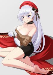 Rule 34 | 1girl, azur lane, bare shoulders, barefoot, belfast (azur lane), beret, blue eyes, breasts, cleavage, feet, hat, highres, large breasts, light blush, long hair, looking at viewer, off shoulder, sitting, smile, soles, solo, toes, very long hair, white hair