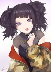 Rule 34 | 1girl, absurdres, black hair, breasts, camouflage, camouflage jacket, cellphone, diagonal bangs, earrings, eyeliner, fataaa, highres, idolmaster, idolmaster shiny colors, jacket, jewelry, looking at viewer, makeup, off shoulder, open mouth, phone, purple eyes, ring, see-through, smartphone, solo, tanaka mamimi, twintails