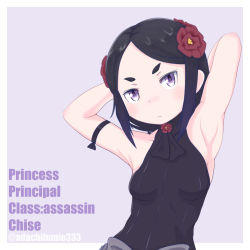 Rule 34 | 10s, 1girl, adachi fumio, armpits, arms behind head, bare shoulders, black hair, bow, bowtie, character name, copyright name, eyebrows, flower, hair flower, hair ornament, hikimayu, looking at viewer, princess principal, shirt, skin tight, sleeveless, sleeveless shirt, solo, toudou chise, twitter username, upper body
