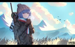 Rule 34 | 1girl, :o, absurdres, artist name, backpack, bag, beanie, bird, black jacket, blue hair, blue sky, bolt action, brown gloves, brown hat, cloud, cloudy sky, commentary, day, gar32, gloves, gun, hat, highres, interlocked fingers, jacket, letterboxed, outdoors, own hands clasped, own hands together, parted lips, purple eyes, rifle, scarf, scope, shima rin, sky, sniper rifle, solo, upper body, weapon, weapon request, yurucamp