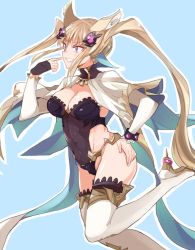Rule 34 | 10s, 1girl, animal ears, bad id, bad pixiv id, boots, bracelet, breasts, capelet, covered navel, erune, fingerless gloves, gloves, granblue fantasy, grin, hand on own hip, high heel boots, high heels, jewelry, long hair, medium breasts, metera (granblue fantasy), navel, see-through, simple background, single glove, smile, solo, standing, standing on one leg, takemura makoto (hakushikei), thigh boots, thighhighs, twintails, white footwear, white thighhighs, yellow eyes