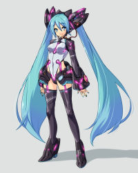 Rule 34 | 1girl, alternate costume, blue eyes, blue hair, hatsune miku, long hair, matching hair/eyes, nekomamire, simple background, solo, thighhighs, twintails, very long hair, vocaloid