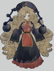 Rule 34 | 1girl, asymmetrical bangs, belt, black belt, black dress, black hat, breasts, brown hair, chinese clothes, closed mouth, commentary request, dress, full body, grey background, hands up, hat, highres, inkopico, junko (touhou), light brown hair, long hair, long sleeves, looking at viewer, medium breasts, one-hour drawing challenge, phoenix crown, pom pom (clothes), red eyes, simple background, solo, standing, tabard, touhou, very long hair, wavy hair, wide sleeves