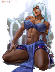 Rule 34 | 1girl, abs, aqua hair, armlet, atlantean, atlantis: the lost empire, bandana, bandeau, bare shoulders, blue bandana, blue eyes, blue skirt, breasts, brown lips, covered erect nipples, dark-skinned female, dark skin, earrings, fingernails, full body, half-closed eyes, jewelry, kidagakash, large breasts, loincloth, long hair, looking at viewer, midriff, muscular, muscular female, navel, necklace, nose, pendant, pinup (style), rejean dubois, seiza, sitting, skirt, solo, straight hair, thick thighs, thighs, water, waterfall