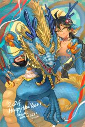 Rule 34 | 1boy, 2024, absurdres, androgynous, animal ear fluff, animal ears, animal feet, animal hands, antenna hair, antlers, bifuteki (bi futeki), black hair, blonde hair, blue background, blue scales, blue skin, bowl, braid, braided ponytail, braided tail, checkered background, chinese zodiac, chopsticks, claws, closed mouth, colored skin, completely nude, dated, digitigrade, dragon, dragon boy, dragon ears, dragon tail, ear piercing, fewer digits, flower, food, fruit, full body, fur-tipped tail, hair between eyes, hair flower, hair ornament, happy new year, highres, holding, holding bowl, holding chopsticks, holding food, holding fruit, horns, licking lips, long hair, looking at viewer, male focus, mochi, monster boy, multicolored hair, multicolored skin, neck ribbon, new year, nude, orange (fruit), original, piercing, ribbon, scales, slit pupils, solo, streaked hair, tail, tongue, tongue out, very long hair, very long tail, year of the dragon, yellow eyes