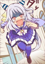 Rule 34 | 1girl, animal ears, brown eyes, brown footwear, cellphone, commentary request, crying, ear covers, full body, grey hair, hallway, highres, hishi miracle (umamusume), holding, holding phone, horse ears, horse girl, horse tail, indoors, loafers, long sleeves, looking at viewer, open mouth, phone, pleated skirt, purple serafuku, purple shirt, purple skirt, purple thighhighs, running, school uniform, serafuku, shirt, shoes, skirt, smartphone, solo, streaming tears, tail, tears, thighhighs, tracen school uniform, umamusume, wahiko (black bastard)