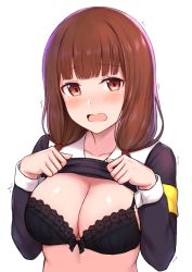 Rule 34 | 1girl, armband, black bra, blunt bangs, blush, bra, breasts, brown hair, cai geng, cleavage, clothes lift, embarrassed, iino miko, kaguya-sama wa kokurasetai ~tensai-tachi no renai zunousen~, lifting own clothes, long hair, long sleeves, low twintails, medium breasts, motion lines, nose blush, open mouth, red eyes, school uniform, shuuchiin academy school uniform, simple background, solo, tearing up, tears, trembling, twintails, underwear, upper body, white background