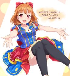 Rule 34 | 1girl, ahoge, birthday, black thighhighs, braid, breasts, character name, collarbone, commentary request, crown braid, english text, happy birthday, highres, looking at viewer, love live!, love live! sunshine!!, orange hair, qnsya, red eyes, short hair, short sleeves, small breasts, solo, takami chika, thighhighs