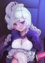 Rule 34 | 1girl, blue eyes, breasts, cleavage, cropped jacket, dress, earrings, gloves, highres, indoors, jewelry, long hair, long sleeves, looking at viewer, medium breasts, ponytail, rwby, scar, scar across eye, scar on face, shiny skin, side ponytail, sitting, solo, tiara, wangxiii, weiss schnee, white dress, white hair