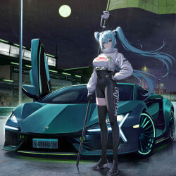 Rule 34 | 1girl, absurdres, aqua eyes, aqua hair, asymmetrical bodysuit, black bodysuit, black footwear, black gloves, bodysuit, boots, breasts, car, closed mouth, clothes writing, commentary, commission, covered navel, cropped jacket, crypton future media, flag, flagpole, full body, full moon, gloves, goodsmile racing, green flag, hair between eyes, hand on own hip, hatsune miku, high heel boots, high heels, highres, holding, holding pole, jacket, kcar66t, lamborghini, long hair, long sleeves, looking at viewer, medium breasts, moon, motor vehicle, night, outdoors, pole, race queen, racetrack, racing miku, racing miku (2022), sidelocks, single leg bodysuit, single thigh boot, skindentation, sky, smile, solo, standing, star (sky), starry sky, thigh boots, twintails, vehicle request, very long hair, vocaloid, white jacket