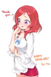 Rule 34 | 10s, 1girl, blush, bow, choker, fishkitty, hand on own cheek, hand on own face, happy birthday, heart, looking down, love live!, love live! school idol project, nishikino maki, open mouth, purple eyes, red hair, short hair, shorts, solo, thank you