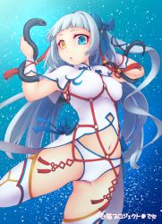 Rule 34 | blue eyes, breasts, cameltoe, covered erect nipples, deto, heterochromia, highres, long hair, looking at viewer, navel, shironeko project, silver hair, slit pupils, snake, solo, thighhighs, very long hair, white thighhighs, yellow eyes