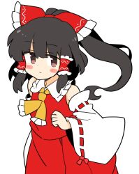 Rule 34 | 1girl, ascot, bare shoulders, black hair, blush, bow, brown eyes, closed mouth, detached sleeves, hair bow, hair tubes, hakurei reimu, ini (inunabe00), japanese clothes, long hair, nontraditional miko, red bow, red skirt, ribbon-trimmed sleeves, ribbon trim, sidelocks, simple background, skirt, solo, touhou, white background, white sleeves, wide sleeves, yellow ascot