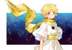 Rule 34 | 1boy, baggy clothes, blonde hair, blue eyes, chocoan, fate/requiem, fate (series), highres, looking at viewer, male focus, open mouth, parted bangs, scarf, shirt, short hair, sky, solo, star (sky), starry sky, voyager (fate), voyager (first ascension) (fate), white background, white shirt, yellow scarf