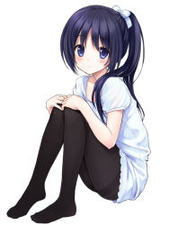 Rule 34 | 1girl, black eyes, black hair, black pantyhose, bow, from side, full body, hair bow, hair ribbon, long hair, looking at viewer, looking to the side, no shoes, original, pantyhose, ponytail, ribbon, rimo, short sleeves, simple background, sitting, solo, thighband pantyhose, white background