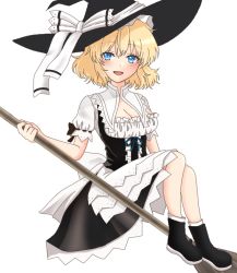 Rule 34 | 1girl, :d, alice margatroid, apron, back bow, black dress, black footwear, black hat, blonde hair, blue eyes, blue ribbon, blush, boots, bow, breasts, broom, capelet, cleavage, commentary request, cosplay, dress, floating, frills, full body, hat, hat bow, holding, holding broom, kirisame marisa, kirisame marisa (cosplay), looking at viewer, medium breasts, oni tama, open mouth, puffy short sleeves, puffy sleeves, ribbon, short hair, short sleeves, simple background, smile, solo, touhou, white apron, white background, white bow, white capelet, witch hat