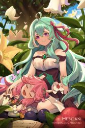 Rule 34 | 2girls, :d, ahoge, artist name, book, breasts, brown gloves, closed eyes, commentary, day, detached sleeves, dragalia lost, dress, english commentary, fang, flower, gloves, green hair, hair between eyes, hair ribbon, hentaki, highres, lap pillow, long hair, long sleeves, lying, medium breasts, meene (dragalia lost), mini person, minigirl, multiple girls, notte (dragalia lost), on side, open book, open mouth, outdoors, pink hair, purple eyes, red ribbon, ribbon, seiza, sitting, sleeveless, sleeveless dress, smile, tree, very long hair, watermark, web address, white dress, white flower, white sleeves
