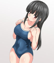 Rule 34 | 1boy, black hair, blue one-piece swimsuit, blush, breasts, brown eyes, castration, guro, hair between eyes, highres, navel, nude, one-piece swimsuit, original, pxkanif, simple background, swimsuit, tearing up