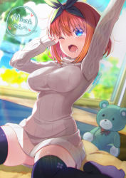 Rule 34 | 1girl, arm up, black thighhighs, blue eyes, blurry, blurry background, breasts, drooling, go-toubun no hanayome, green hairband, hairband, kitahara tomoe (kitahara koubou), large breasts, long sleeves, looking at viewer, nakano yotsuba, one eye closed, open mouth, orange hair, ribbed sweater, saliva, short hair, sitting, solo, speech bubble, stuffed animal, stuffed toy, sweater, teddy bear, teeth, thighhighs, thighs, white sweater, window, yawning