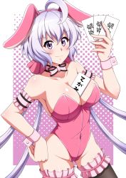 Rule 34 | 1girl, absurdres, ahoge, animal ears, between breasts, blush, breasts, card, commentary request, covered navel, fake animal ears, highres, large breasts, leotard, light purple hair, long hair, looking at viewer, low twintails, pink leotard, playboy bunny, purple eyes, rabbit ears, scrunchie, senki zesshou symphogear, shiny skin, smile, solo, standing, strapless, strapless leotard, sukeberosu, thighhighs, twintails, white background, wrist cuffs, yukine chris