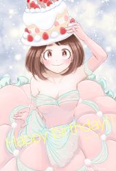 Rule 34 | 1girl, alternate costume, arm up, bare shoulders, blush, boku no hero academia, breasts, brown eyes, brown hair, buthikireta, cake, cleavage, collarbone, commentary request, dated, dress, food, food on head, fruit, happy birthday, highres, large breasts, layered dress, multicolored background, object on head, pink dress, short hair, smile, solo, sparkle, strawberry, uraraka ochako