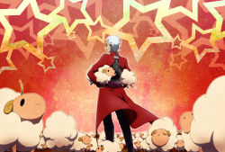 Rule 34 | 1boy, archer (fate), closed eyes, fate/stay night, fate (series), leila (lalan), male focus, red background, sheep, short hair, solo, star (symbol), white hair