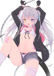Rule 34 | 1girl, :o, arms up, ass, bandaged leg, bandages, black gloves, black jacket, blue eyes, chain, choker, collarbone, crop top, flat chest, gloves, grey shorts, hair ornament, hairclip, heartsix, heterochromia, highres, horns, jacket, knee up, kneehighs, long hair, long sleeves, looking at viewer, micro shorts, midriff, multicolored hair, navel, open clothes, open fly, open jacket, open mouth, original, panties, restrained, scar, scar across eye, scar on face, short shorts, shorts, sidelocks, silver hair, single horn, sleeveless, socks, solo, spaghetti strap, stomach, streaked hair, tail, thighs, twintails, underwear, very long hair, white choker, white socks, white panties, yellow eyes