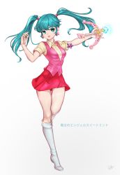 Rule 34 | 1girl, aqua hair, boots, bow (weapon), colored eyelashes, copyright name, earrings, expressionless, full body, green eyes, highres, holding, holding weapon, jewelry, knee boots, long hair, looking at viewer, mahou no angel sweet mint, mint (sweet mint), miyo (st miyo), necklace, pink vest, red skirt, shirt, signature, simple background, skirt, solo, standing, standing on one leg, star-shaped pupils, star (symbol), star earrings, symbol-shaped pupils, twintails, vest, weapon, white background, white footwear, yellow shirt