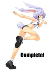 Rule 34 | 1girl, animal ears, ass, bare shoulders, buruma, crop top, from behind, full body, hermmy, looking at viewer, looking back, midriff, original, petite, purple hair, rabbit ears, rabbit tail, red eyes, running, shoes, short hair, short shorts, shorts, simple background, solo, sportswear, tail, thighs, white background