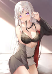 Rule 34 | 1girl, azur lane, bed, black bra, black jacket, black ribbon, blush, bra, breasts, cleavage, collarbone, commentary request, enterprise (azur lane), head tilt, highres, jacket, large breasts, long hair, mouth hold, on bed, open clothes, open jacket, purple eyes, ribbon, silver hair, sitting, smile, solo, sunlight, tatsumiya kagari, underwear, undressing, very long hair