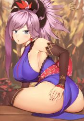 Rule 34 | 1girl, armpits, ass, autumn, autumn leaves, bare shoulders, black thighhighs, blue eyes, blurry, blush, breasts, closed mouth, deep skin, depth of field, detached sleeves, earrings, eyelashes, falling leaves, fate/grand order, fate (series), fingernails, floral print, from behind, hair ornament, hand on own thigh, high ponytail, highres, hip bones, japanese clothes, jewelry, k jin, kimono, large breasts, leaf, leaning forward, looking at viewer, looking back, miyamoto musashi (fate), miyamoto musashi (first ascension) (fate), obi, outdoors, pelvic curtain, ponytail, purple hair, sash, sideboob, signature, sleeveless, solo, swept bangs, thighhighs