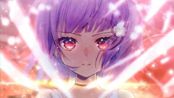 Rule 34 | 1girl, bare shoulders, black choker, blurry, blurry background, blurry foreground, chano hinano, choker, closed mouth, collarbone, commentary request, depth of field, flower, hair flower, hair ornament, highres, looking at viewer, official art, portrait, purple hair, red eyes, sleeveless, solo, straight-on, tenjin kotone, tenjin kotone (channel), v-shaped eyebrows, virtual youtuber, white flower