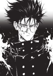Rule 34 | 1boy, blood, blood on face, closed mouth, glasses, gradient background, greyscale, highres, jacket, looking at viewer, male focus, monochrome, round eyewear, sakanaokashi, short hair, solo, spiked hair, trigun, upper body, v-shaped eyebrows, vash the stampede