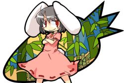 Rule 34 | 1girl, animal ears, bamboo, bamboo forest, black hair, blush stickers, rabbit ears, carrot, chibi, crossed arms, dress, female focus, forest, inaba tewi, iyau, jewelry, nature, necklace, phantasmagoria of flower view, pink dress, red eyes, short hair, smirk, solo, touhou