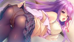 Rule 34 | 1girl, ama ama sharing, ashino koyomi, ass, bare shoulders, black pantyhose, blush, bra, breasts, buttons, clothed masturbation, clothes lift, crotch rub, dutch angle, female masturbation, game cg, grabbing own breast, hair ribbon, large breasts, long hair, masturbation, masturbation through clothes, off shoulder, open mouth, panties, panties under pantyhose, pantyhose, plaid, plaid skirt, purple eyes, purple hair, pussy juice stain, ribbon, rubi-sama, saliva, school uniform, skirt, skirt lift, solo, stained panties, sweat, sweater vest, table, table humping, tongue, tongue out, torogao, unbuttoned, underwear, yellow bra