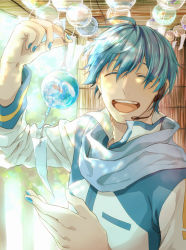 Rule 34 | 1boy, :d, blue hair, blue nails, blue scarf, blush, creamyya, closed eyes, fish, goldfish, headset, holding, kaito (vocaloid), male focus, nail polish, open mouth, scarf, smile, solo, upper body, vocaloid
