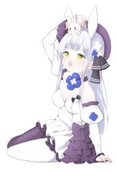Rule 34 | 1girl, :3, animal, animal ears, animal on head, arm up, assault rifle, asymmetrical legwear, bare shoulders, blunt bangs, breasts, cleavage, closed mouth, commentary, detached sleeves, fake animal ears, fingernails, frills, girls&#039; frontline, green eyes, grey hair, gun, h&amp;k hk416, hair ornament, hand up, hat, headband, hk416 (girls&#039; frontline), hk416 (herbal-flavored hard candy) (girls&#039; frontline), ine (ineinnen), long hair, long sleeves, looking up, official alternate costume, on head, open mouth, puffy long sleeves, puffy sleeves, purple legwear, rabbit, rabbit on head, rifle, simple background, sitting, small breasts, solo, uneven legwear, weapon, white background, white hair, white headband, white legwear, yokozuwari