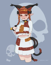 Rule 34 | 1girl, absurdres, anger vein, animal collar, animal ears, arm behind back, bell, bigcat 114514, blunt bangs, blush, braid, cat ears, cat tail, clothes pull, collar, commentary, cosplay, cowboy shot, cropped legs, english commentary, extra ears, fang, goutokuji mike, goutokuji mike (cosplay), grey background, highres, jingle bell, kaenbyou rin, long hair, looking at viewer, midriff peek, multicolored shirt, multiple tails, navel, nekomata, open mouth, patch, paw print, pointy ears, red eyes, red hair, shirt, shirt pull, skirt, skull, skull print, solo, tail, touhou, twin braids, twitter username, two tails, white shirt, white skirt