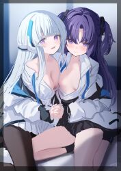 Rule 34 | 2girls, black pantyhose, black skirt, blue archive, blue necktie, blush, border, breasts, cleavage, grey hair, headgear, headphones, highres, hime cut, holding hands, jacket, jacket partially removed, long hair, looking at viewer, medium breasts, multiple girls, necktie, noa (blue archive), off-shoulder shirt, off shoulder, pantyhose, partially unbuttoned, pleated skirt, purple eyes, purple hair, shirt, short twintails, skirt, small breasts, takashima shoa, twintails, unbuttoned, unbuttoned shirt, white jacket, white skirt, yuuka (blue archive)