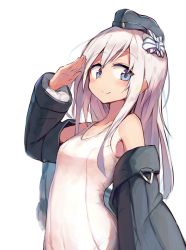 Rule 34 | 1girl, arm up, armpits, beize (garbage), blue eyes, blush, bow, closed mouth, cowboy shot, garrison cap, hair between eyes, hair bow, hair ornament, hat, jacket, kantai collection, long hair, long sleeves, looking at viewer, one-piece swimsuit, puffy long sleeves, puffy sleeves, school swimsuit, simple background, smile, solo, standing, swimsuit, swimsuit under clothes, tan, tanline, u-511 (kancolle), white background, white hair, white one-piece swimsuit, white school swimsuit