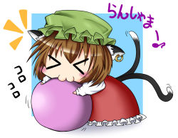 Rule 34 | &gt; &lt;, 1girl, :3, animal ears, blush stickers, brown hair, cat ears, cat tail, chen, chibi, closed eyes, fule, hat, multiple tails, nekomata, short hair, solo, tail, touhou, translation request, x3