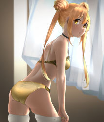 Rule 34 | 1girl, ass, back, bare shoulders, blonde hair, blush, bra, breasts, commission, double bun, hair between eyes, hair bun, highres, indoors, long hair, looking at viewer, looking back, nail polish, oizumi, open mouth, panties, pixiv commission, purima, small breasts, tama (tamago), thighhighs, underwear, white thighhighs, yellow bra, yellow nails, yellow panties