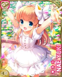 Rule 34 | 1girl, arms up, bare arms, bare legs, basket, blue eyes, bow, brown hair, character name, day, dress, girlfriend (kari), hair bow, long hair, official art, open mouth, qp:flapper, smile, solo, standing, two side up, white bow, white dress, yuuki nae
